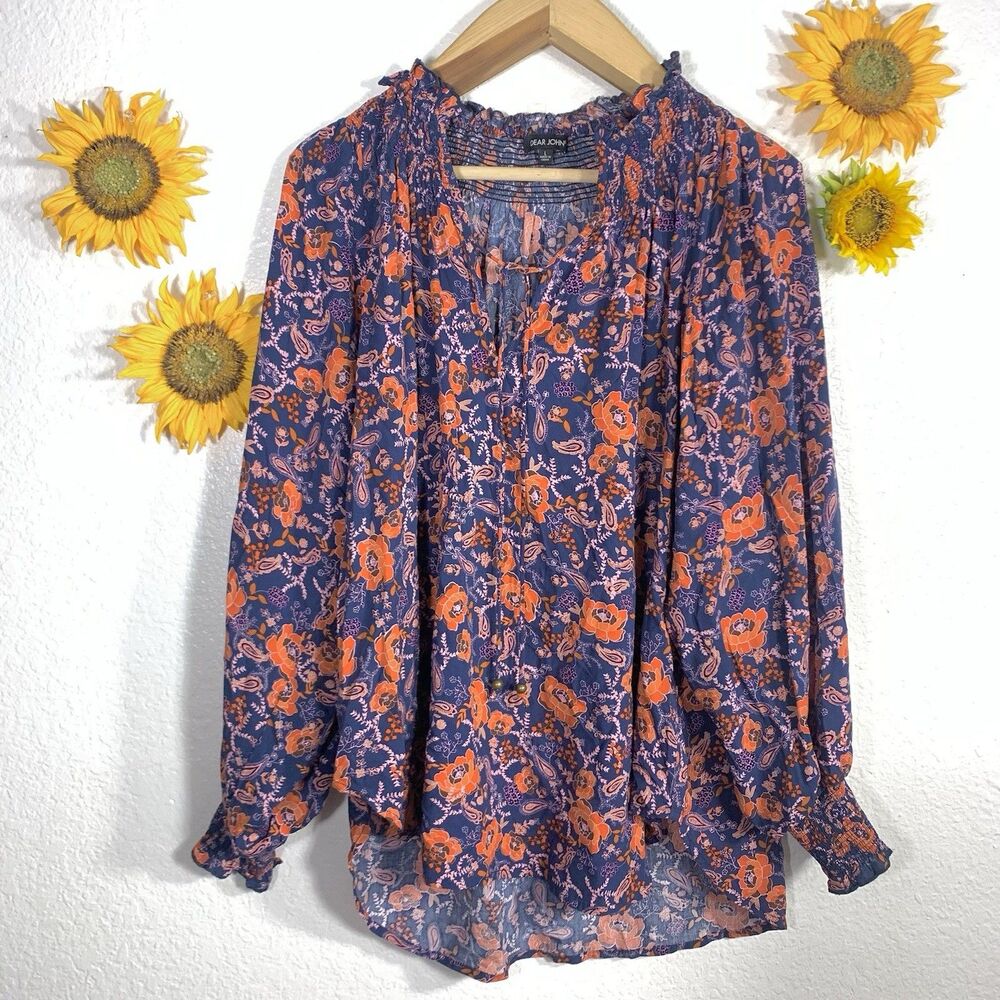 Dear John Floral Tassel Bishop Sleeve Boho Blouse Size Large Womens
